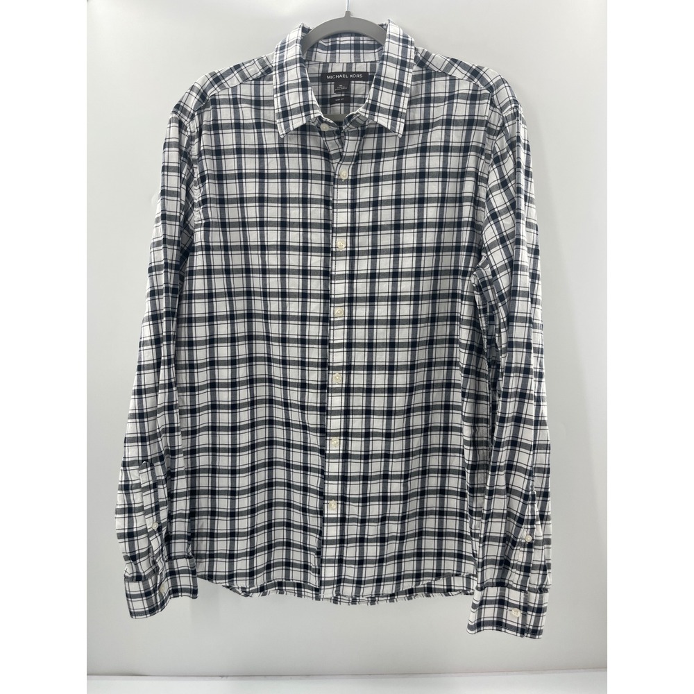 Michael Kors Mens XL SlimFit Plaid Button Down Shirt Navy Blue White Long Sleeve